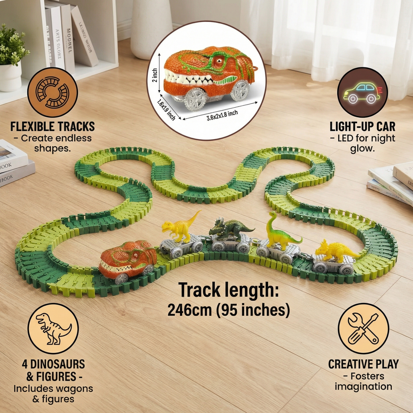 Dinosaur Track Adventure – Flexible Race Track with Light-Up Train