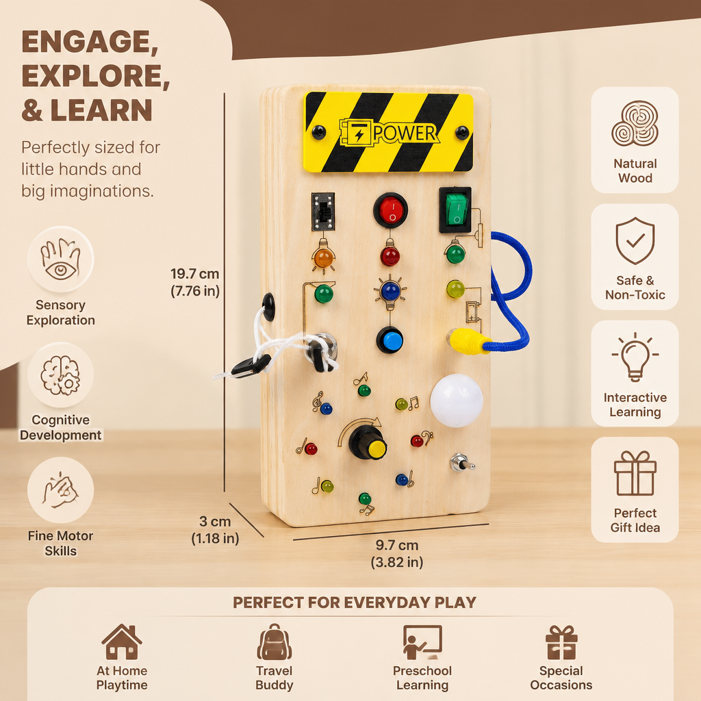 Montessori Sensory Board Made of Wood with Lights & Switches – Motor Skills Toy for Children