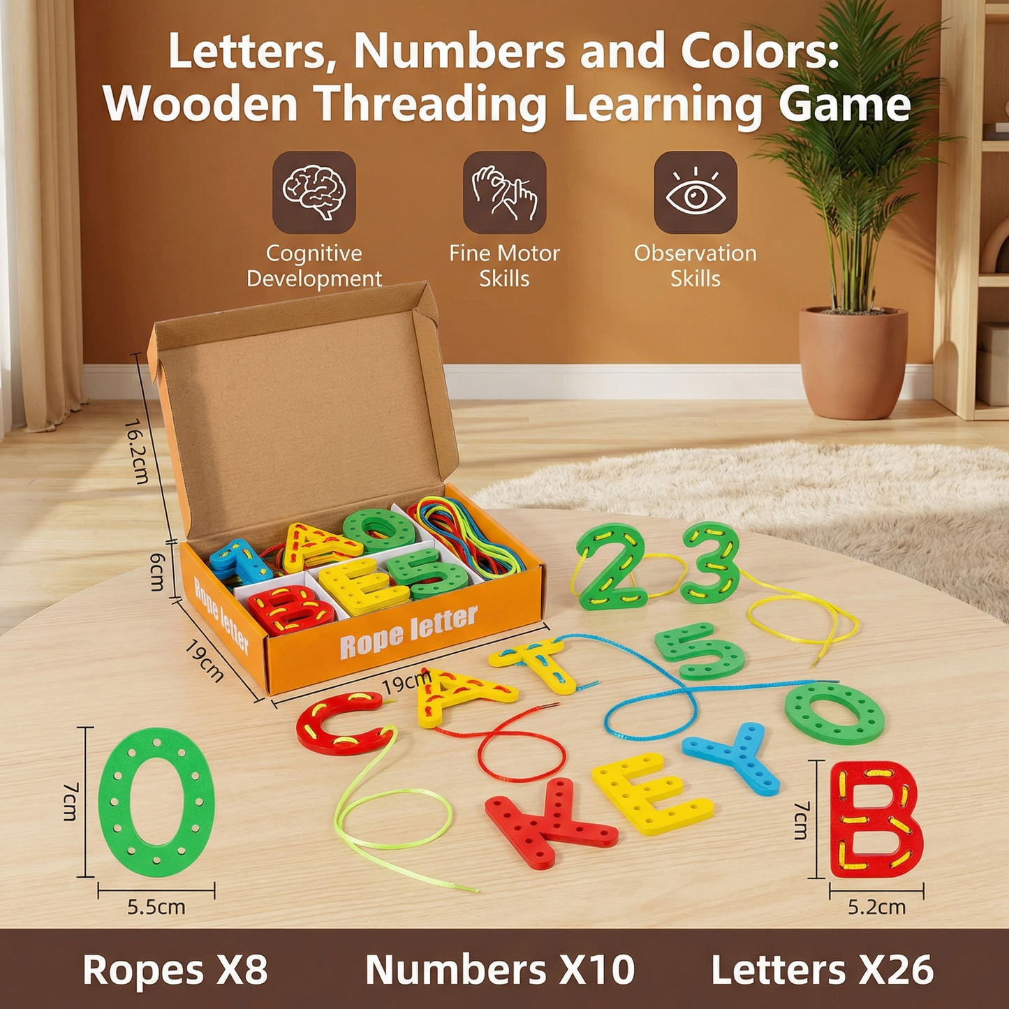 Letters Numbers and Colors Wooden Threading Learning Game