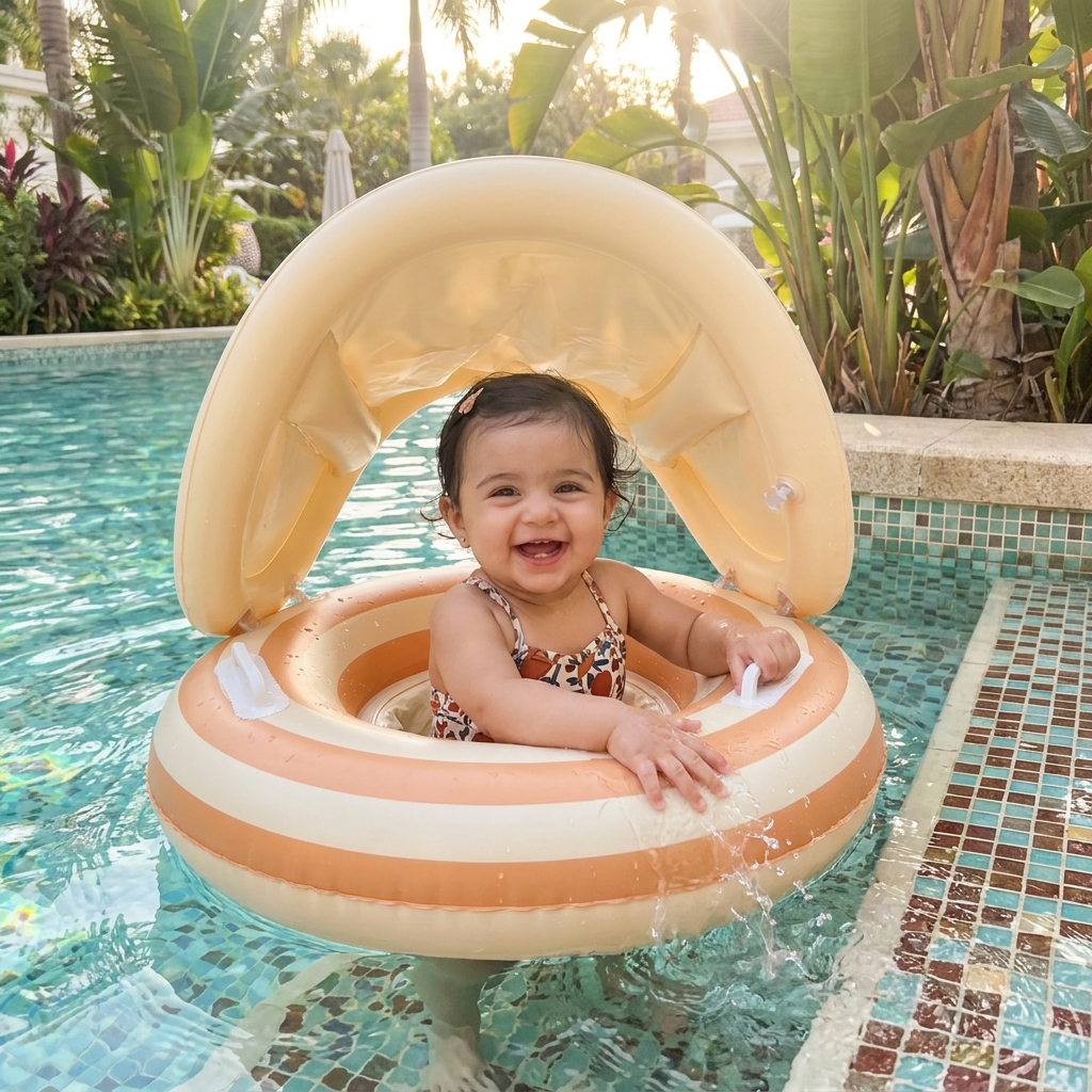 Inflatable Retro Lollipop Baby Swim Ring with Removable Sun Canopy – Secure Seat for 6–36 Months