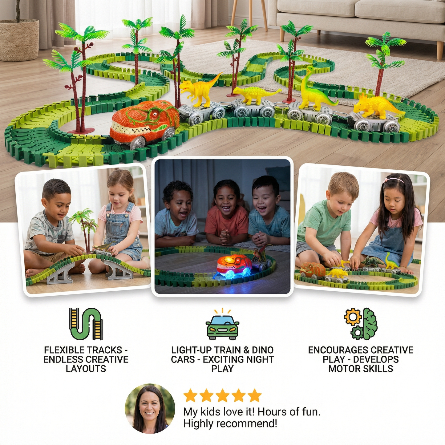 Dinosaur Track Adventure – Flexible Race Track with Light-Up Train