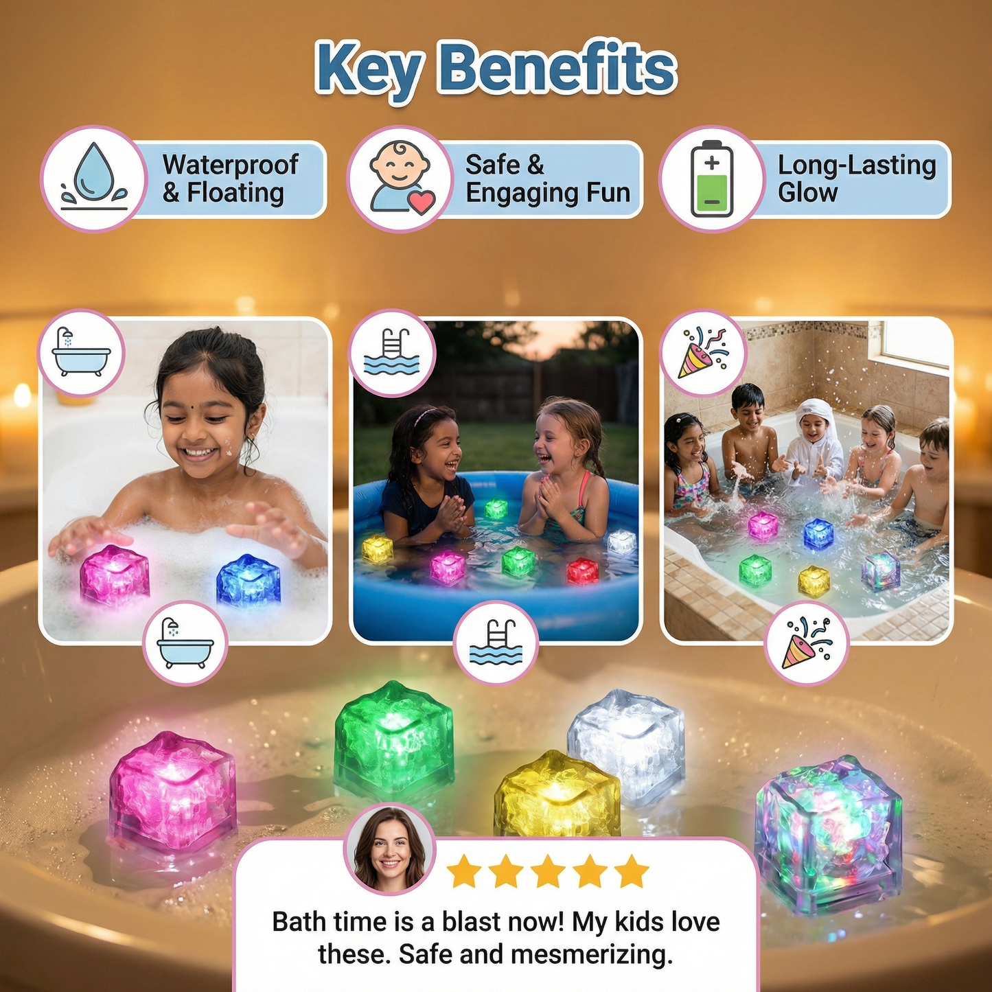 Glowing Bath Cube Toys for Kids – Set of 6