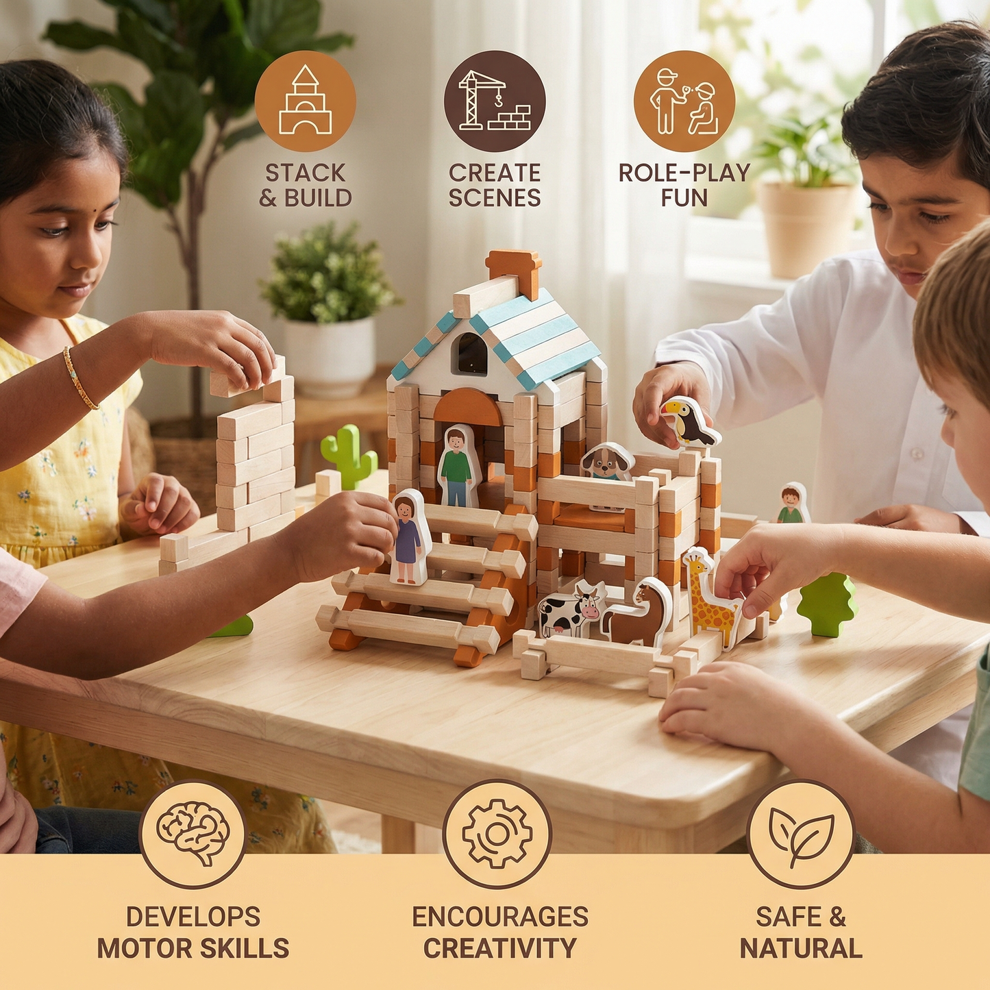 Montessori Wooden Block Set – Natural Stacking and Construction Toy