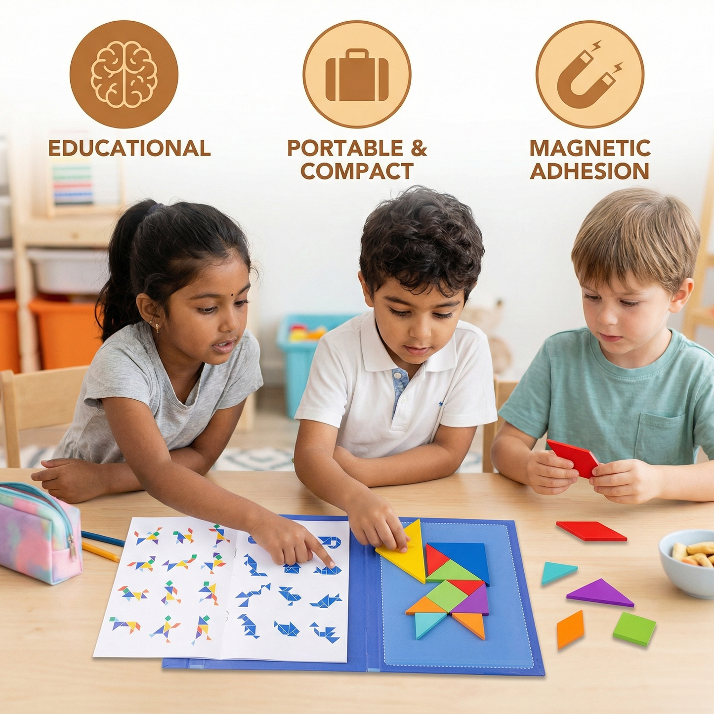 Portable Montessori Wooden Magnetic Tangram Puzzle Book Learning Toy