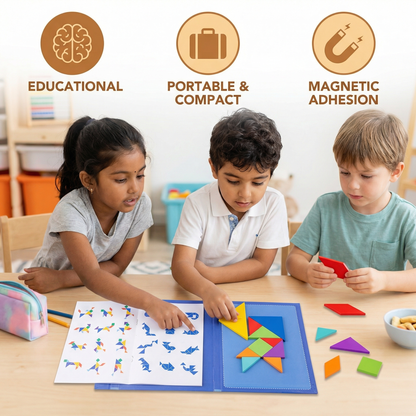 Portable Montessori Wooden Magnetic Tangram Puzzle Book Learning Toy