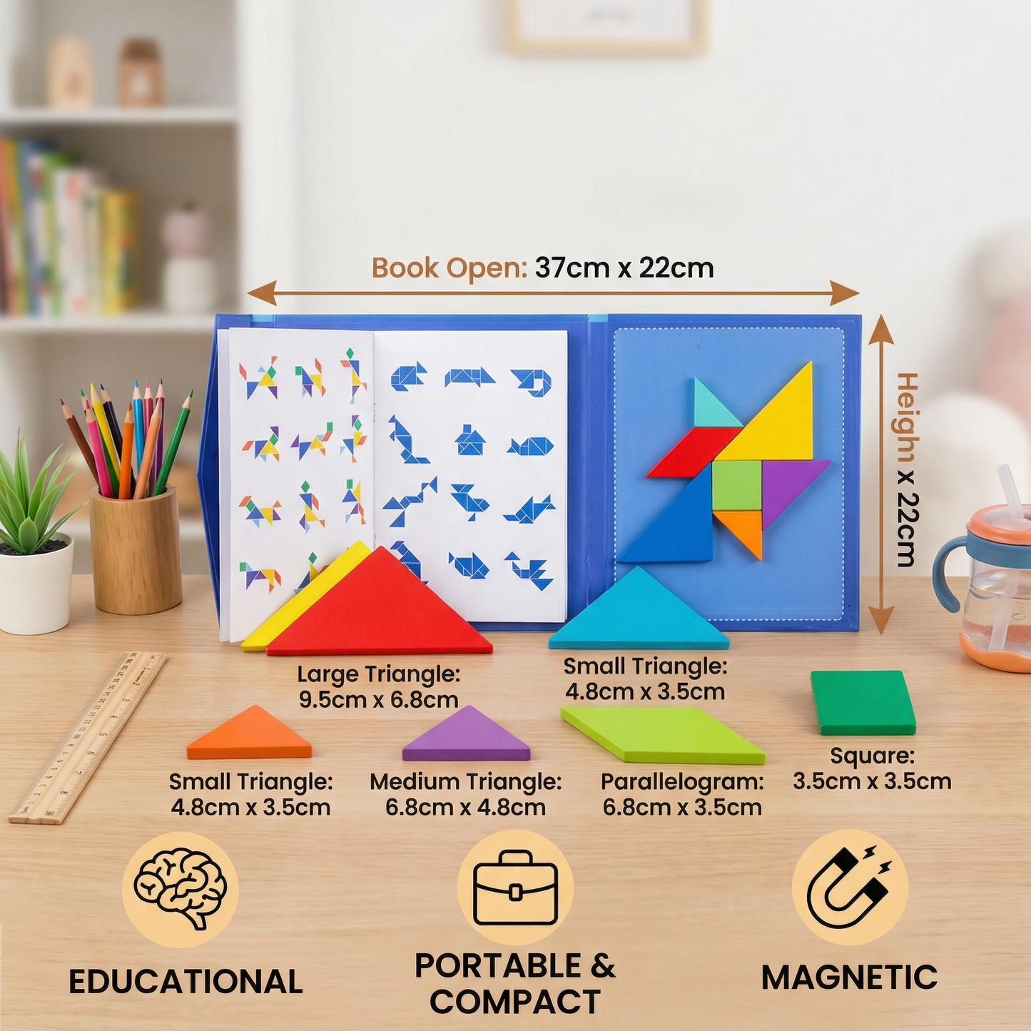Portable Montessori Wooden Magnetic Tangram Puzzle Book Learning Toy