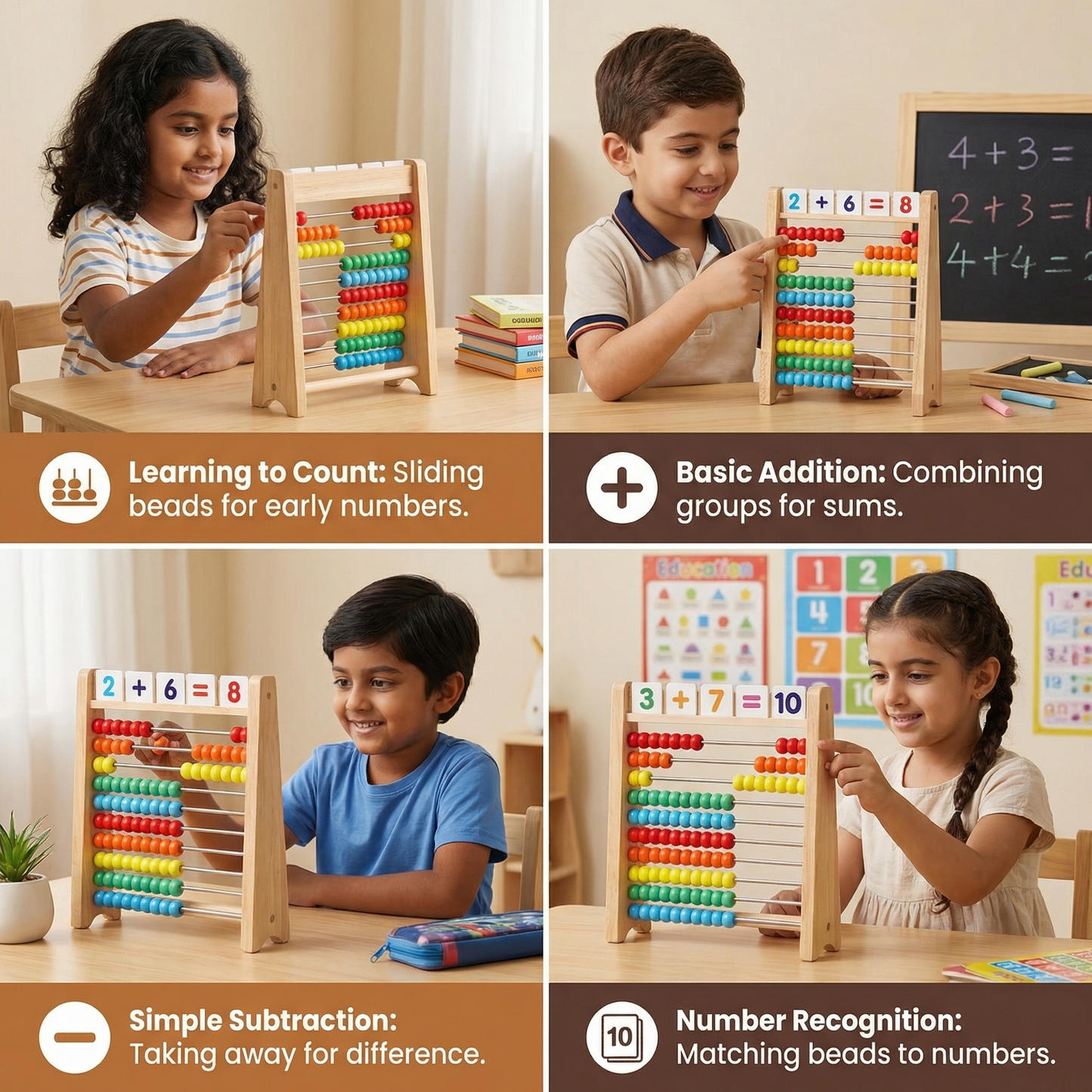 Wooden Abacus for Learning to Count and Calculate