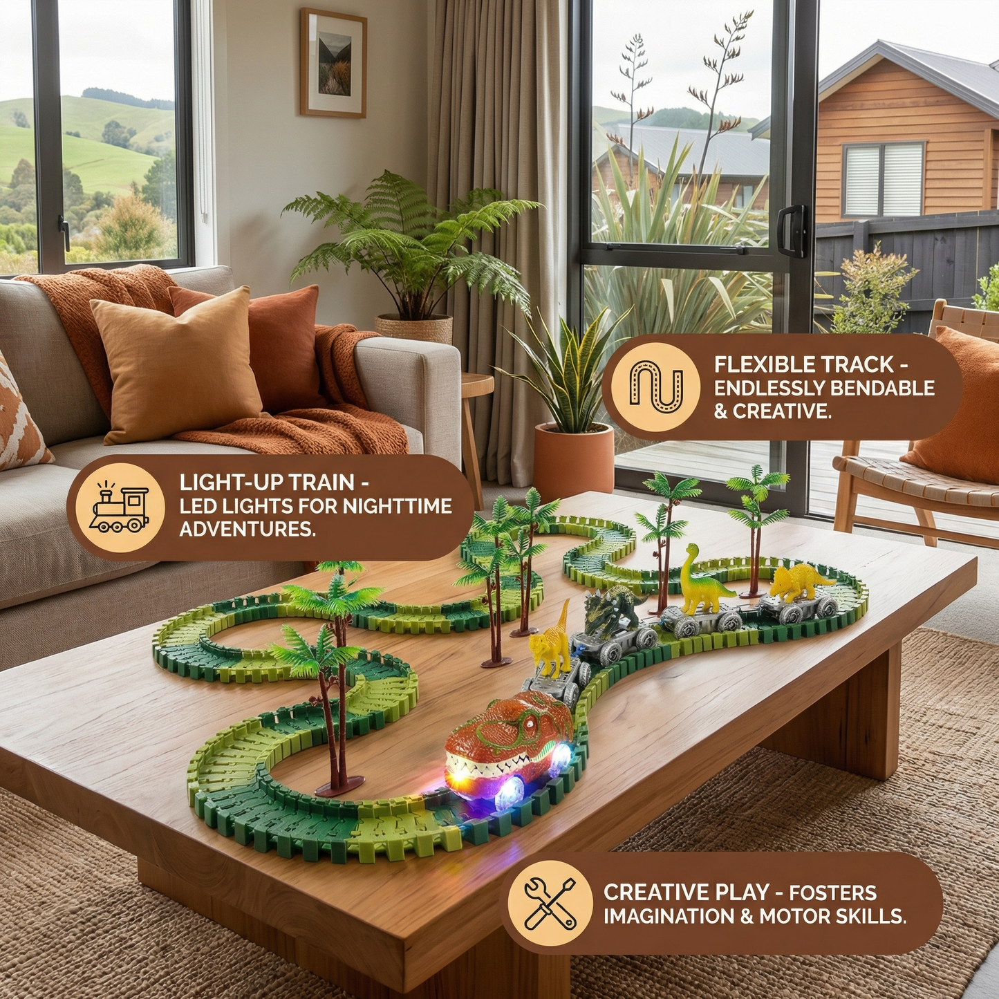Dinosaur Track Adventure – Flexible Race Track with Light-Up Train