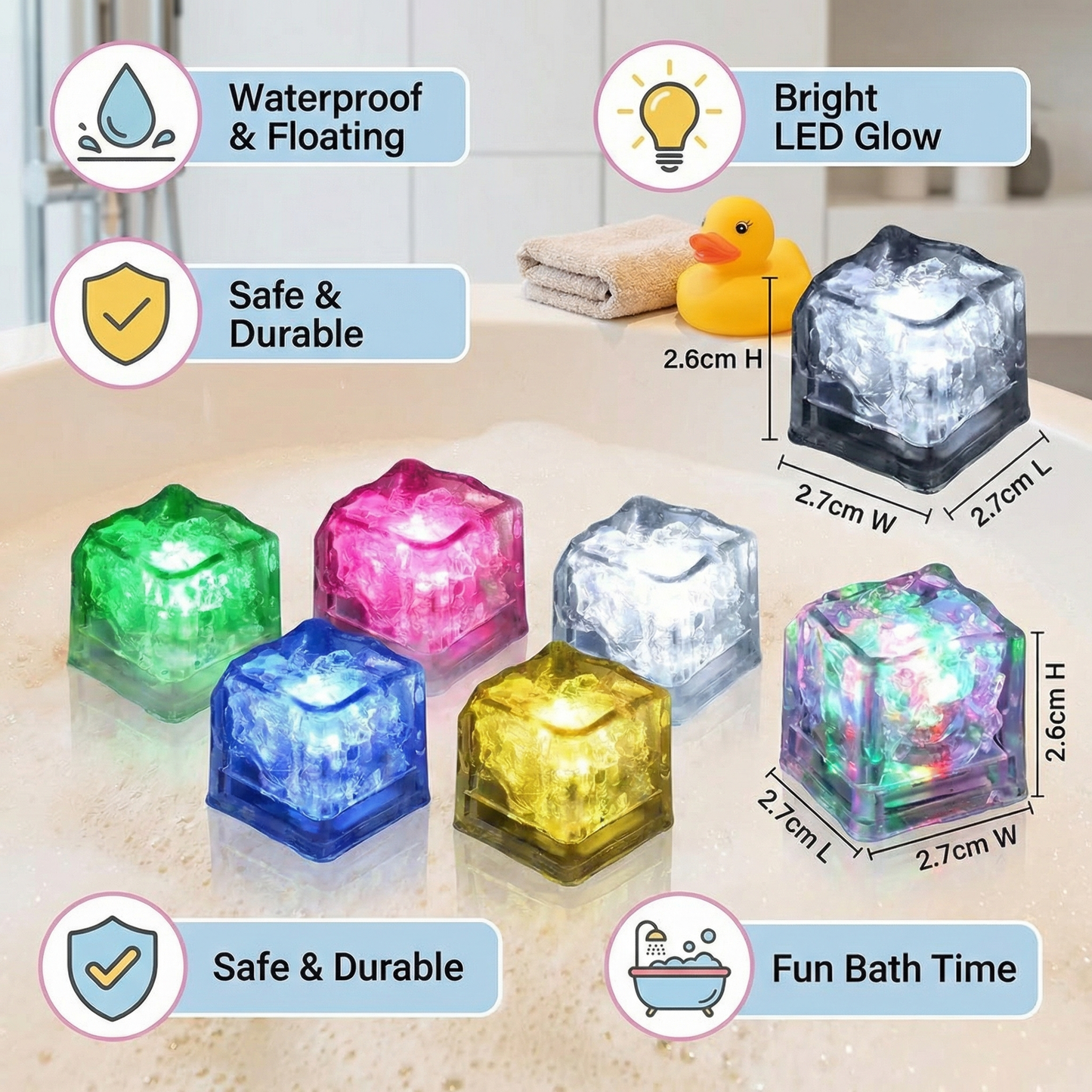 Glowing Bath Cube Toys for Kids – Set of 6