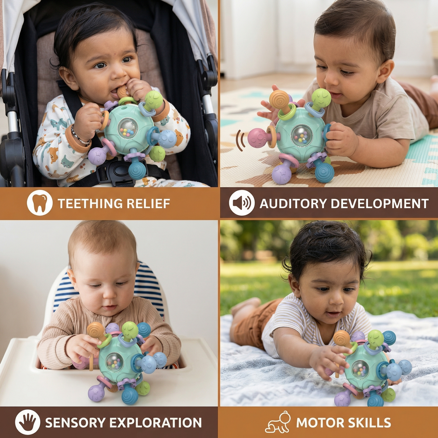 Sensory baby grasping ball with silicone teether and rattle