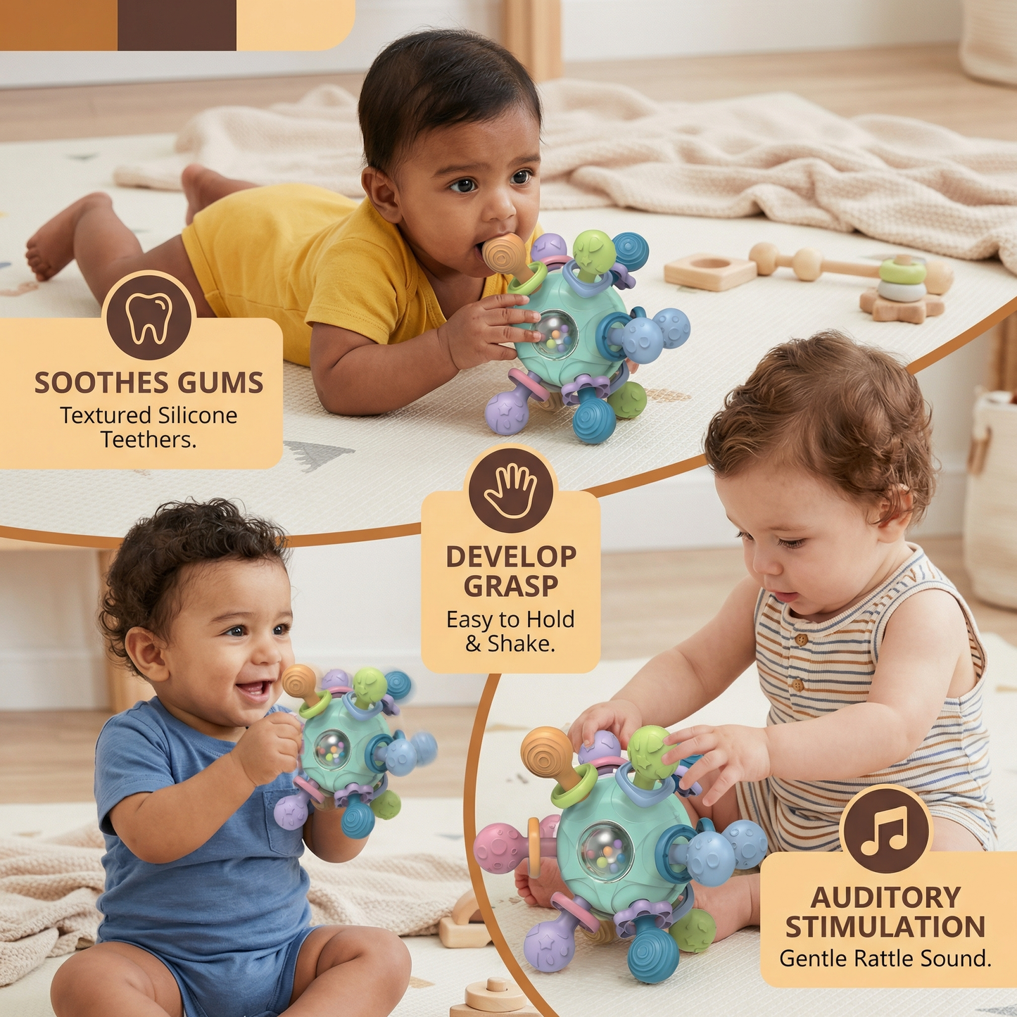 Sensory baby grasping ball with silicone teether and rattle