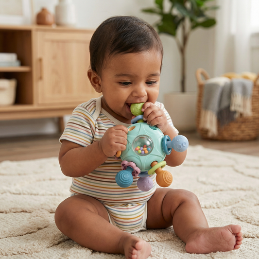 Sensory baby grasping ball with silicone teether and rattle
