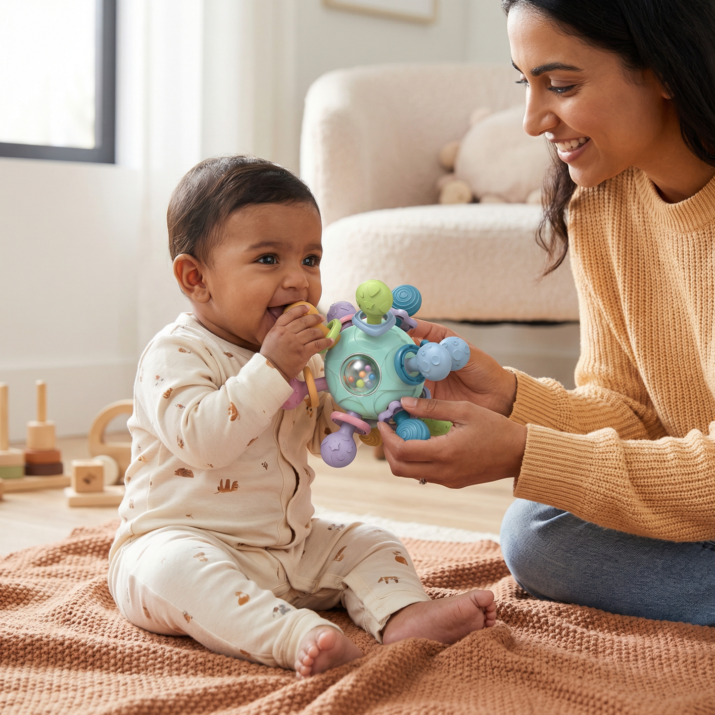 Sensory baby grasping ball with silicone teether and rattle