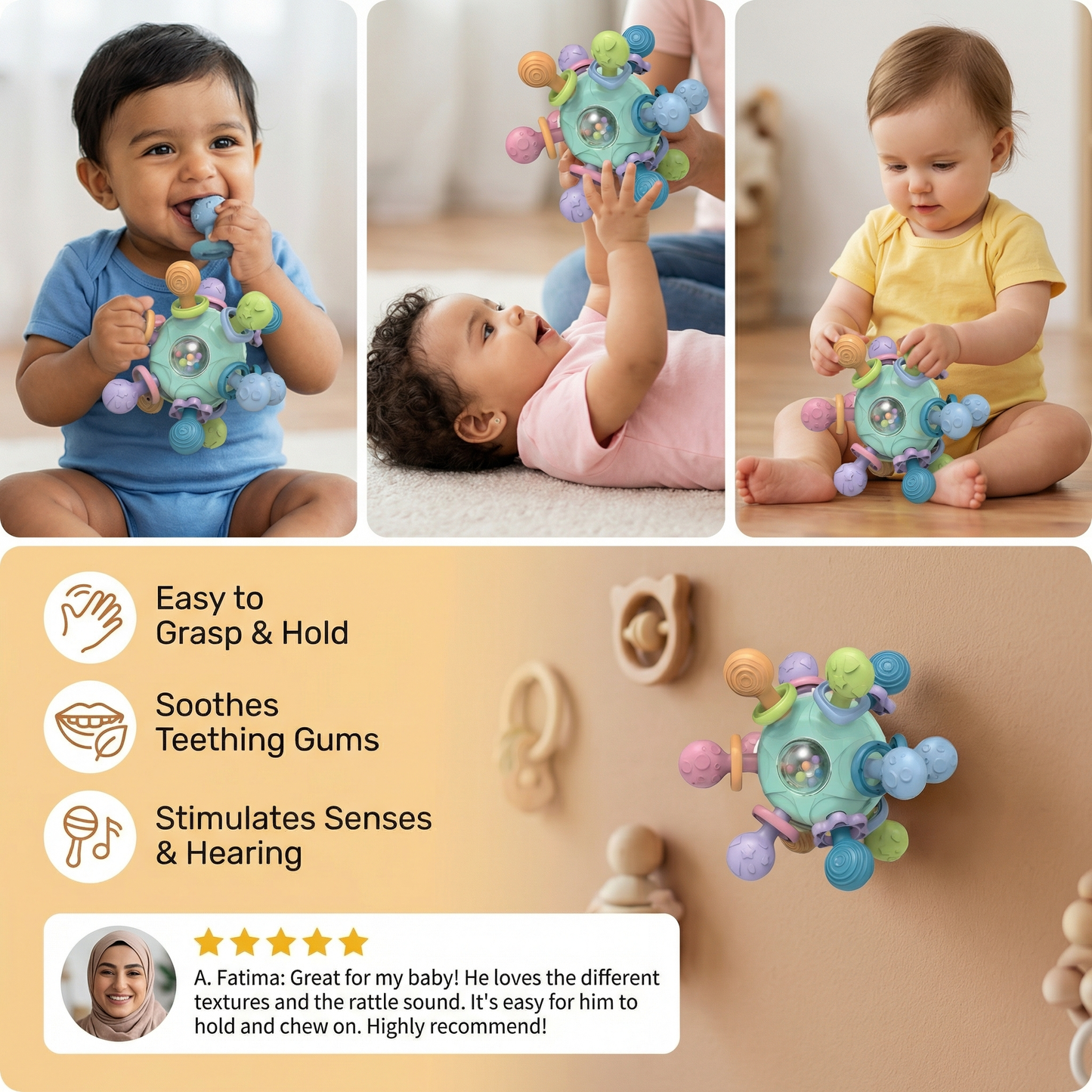 Sensory baby grasping ball with silicone teether and rattle