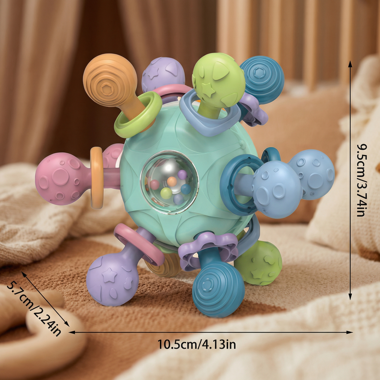 Sensory baby grasping ball with silicone teether and rattle