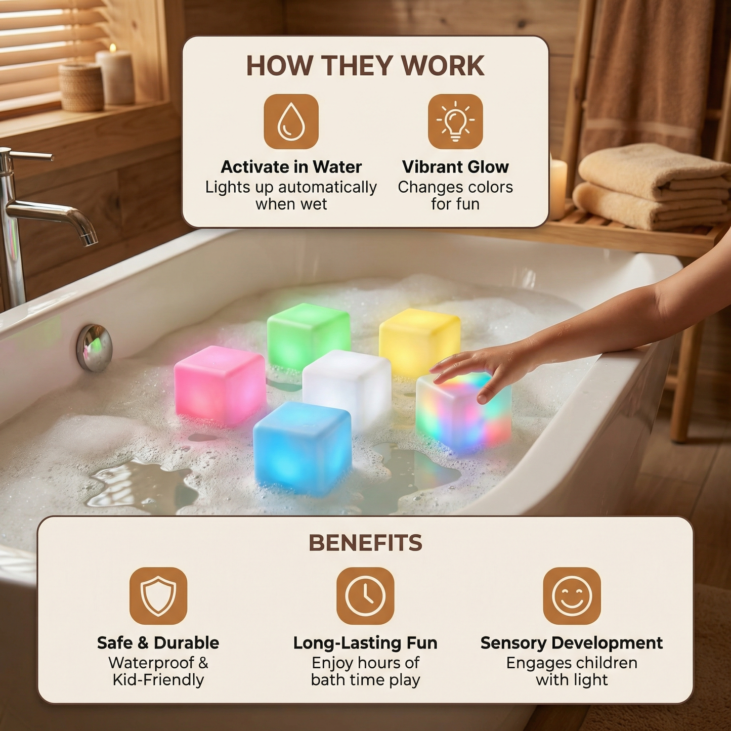 Glowing Bath Cube Toys for Kids – Set of 6