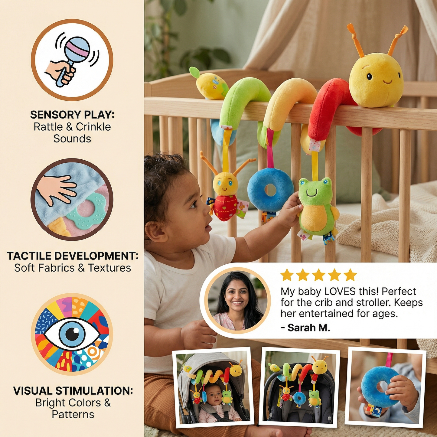 3-in-1 Caterpillar Rattle Toy for Home and On the Go