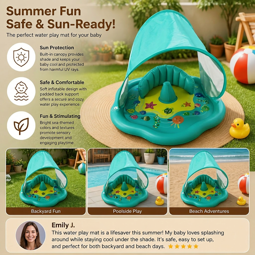 Inflatable water play mat for babies with sun protection – perfect for summer