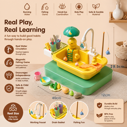 Kids Play Kitchen Sink Set with Running Water & Fishing Game