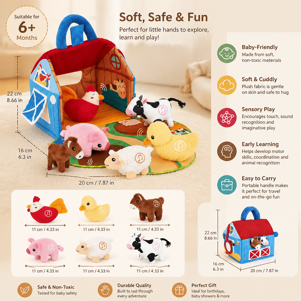 Farm Animal Plush Playset – Interactive Learning Toy with Portable Playhouse