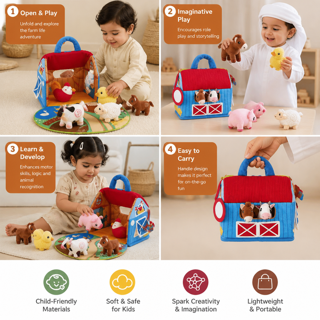 Farm Animal Plush Playset – Interactive Learning Toy with Portable Playhouse