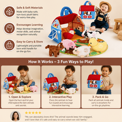 Farm Animal Plush Playset – Interactive Learning Toy with Portable Playhouse