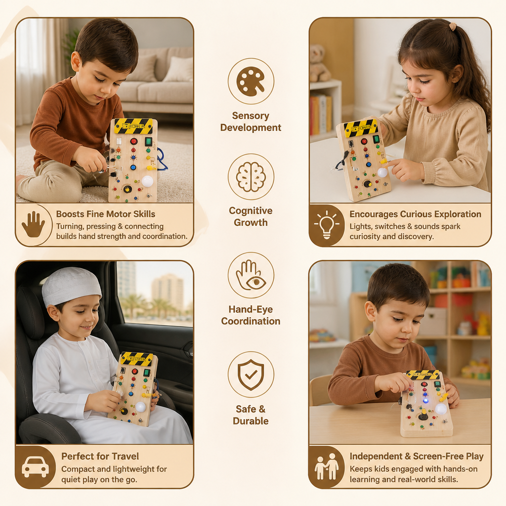 Montessori Sensory Board Made of Wood with Lights & Switches – Motor Skills Toy for Children