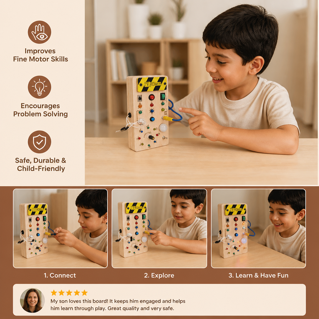 Montessori Sensory Board Made of Wood with Lights & Switches – Motor Skills Toy for Children