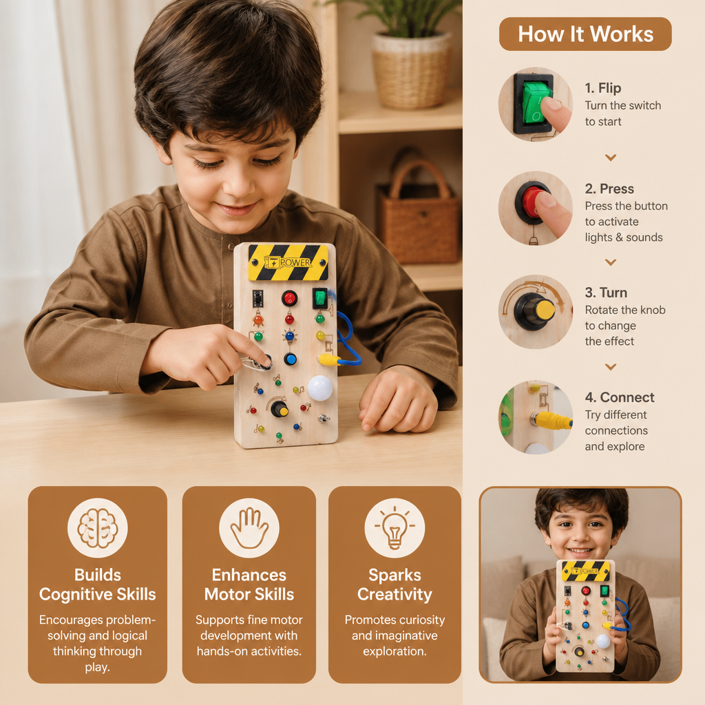 Montessori Sensory Board Made of Wood with Lights & Switches – Motor Skills Toy for Children