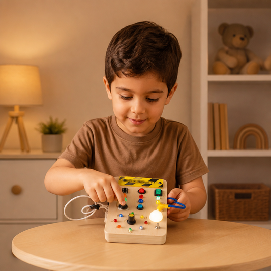Montessori Sensory Board Made of Wood with Lights & Switches – Motor Skills Toy for Children