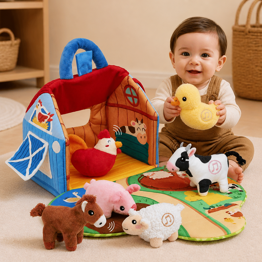 Farm Animal Plush Playset – Interactive Learning Toy with Portable Playhouse