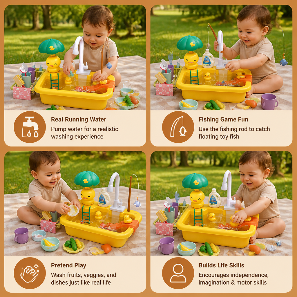 Kids Play Kitchen Sink Set with Running Water & Fishing Game
