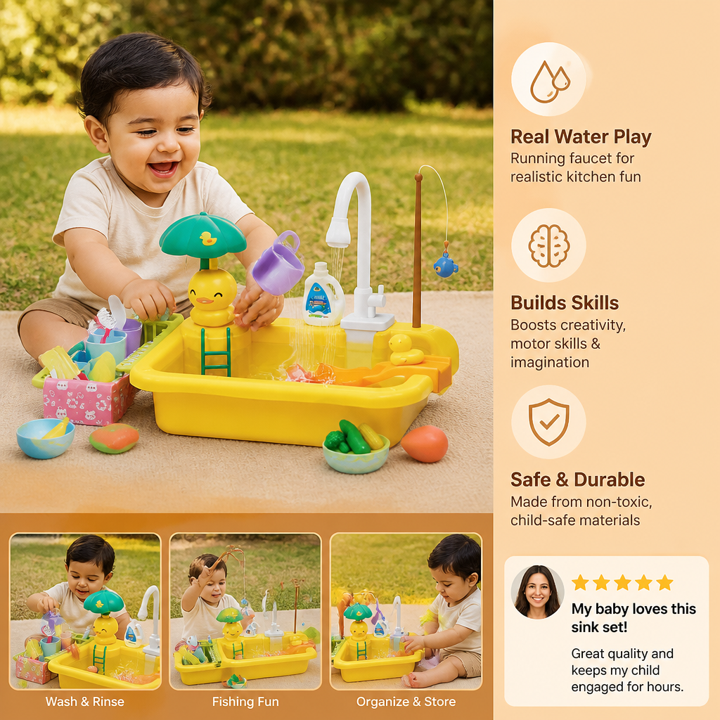 Kids Play Kitchen Sink Set with Running Water & Fishing Game