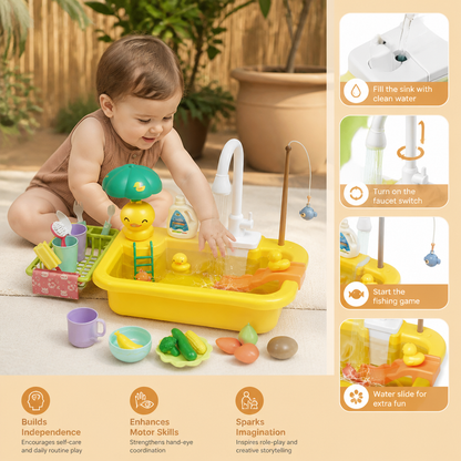 Kids Play Kitchen Sink Set with Running Water & Fishing Game