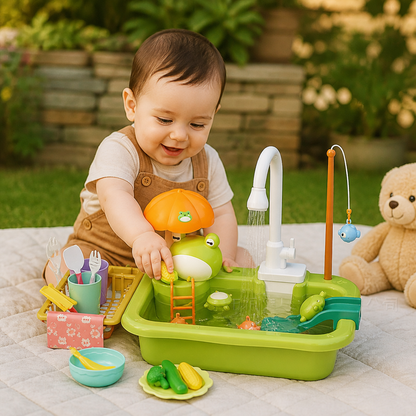 Kids Play Kitchen Sink Set with Running Water & Fishing Game
