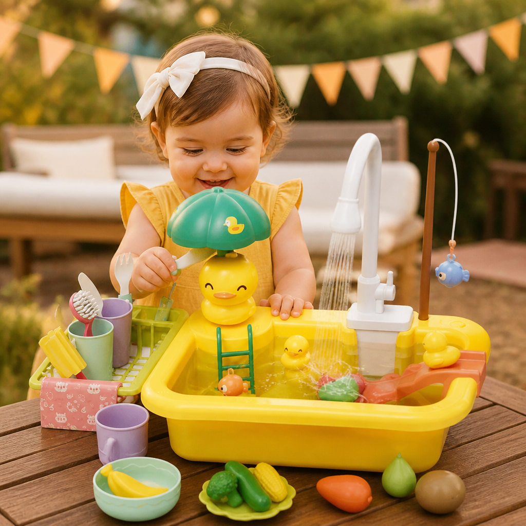 Kids Play Kitchen Sink Set with Running Water & Fishing Game