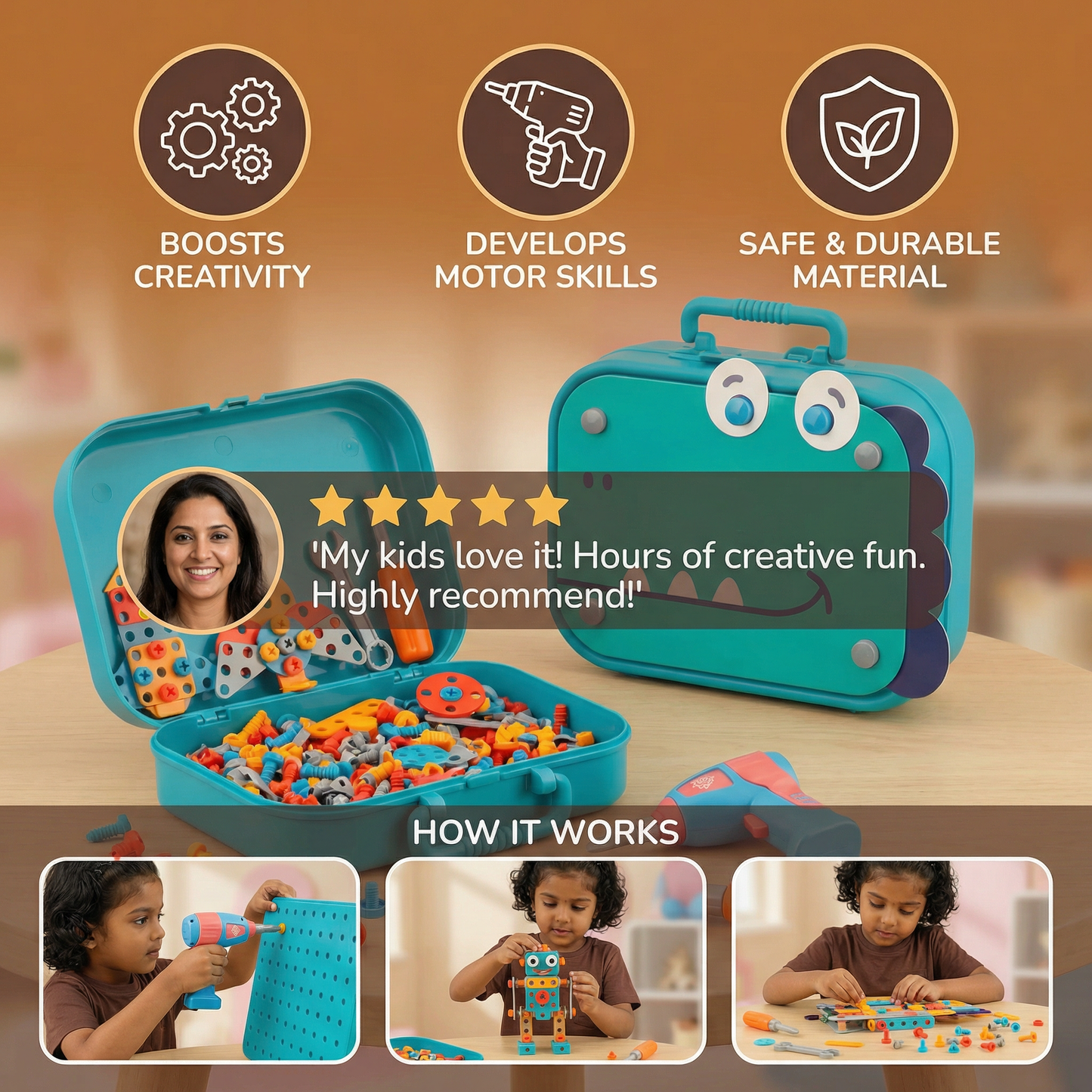 Craftsman Construction Set for Kids in Cute Dino Design