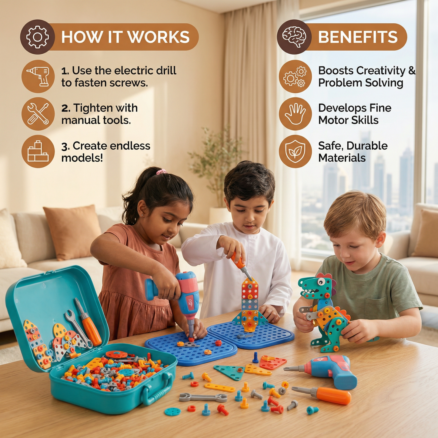 Craftsman Construction Set for Kids in Cute Dino Design