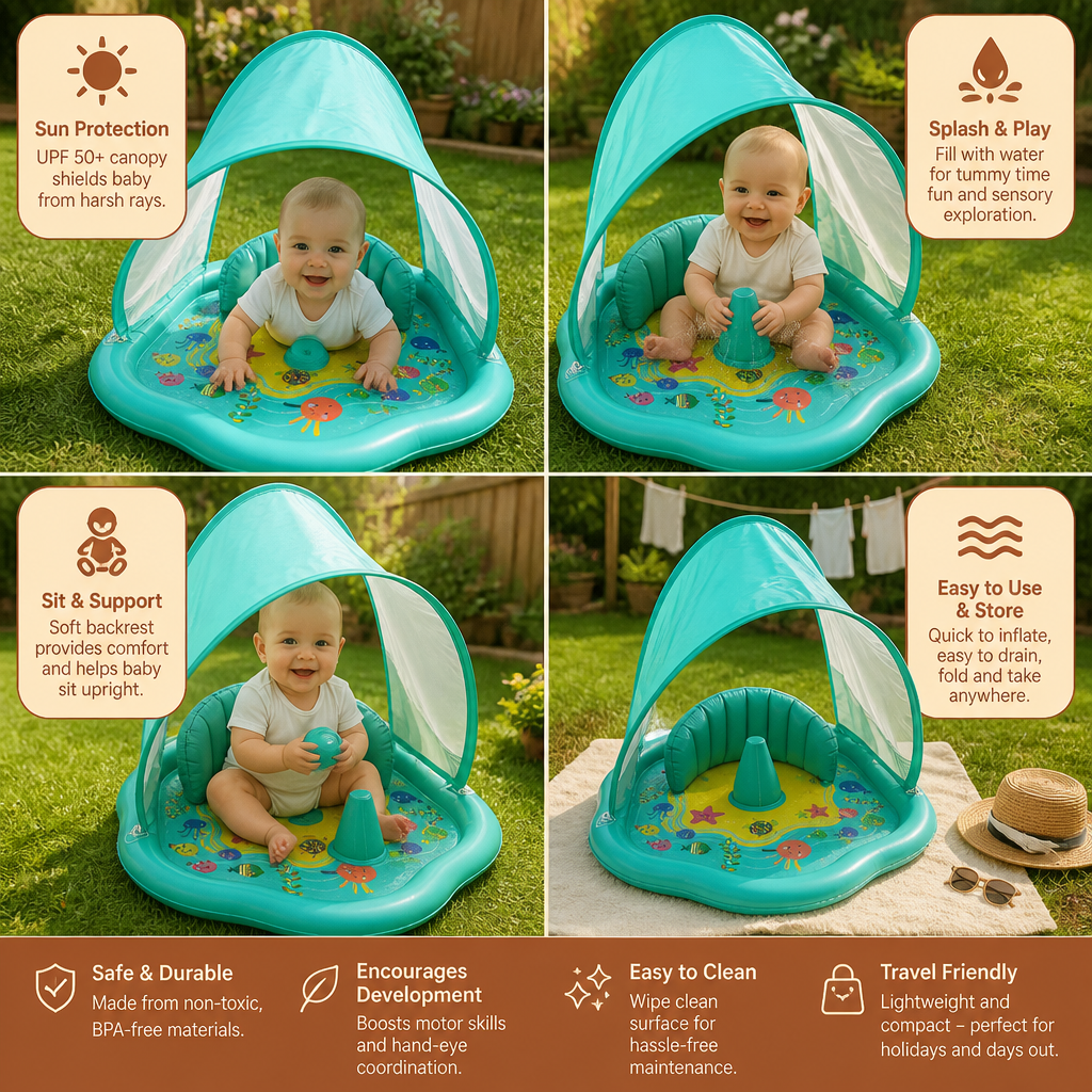 Inflatable water play mat for babies with sun protection – perfect for summer