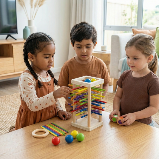 Educational 3-in-1 wooden ball and stick dexterity game