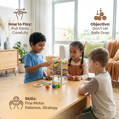 Educational 3-in-1 wooden ball and stick dexterity game