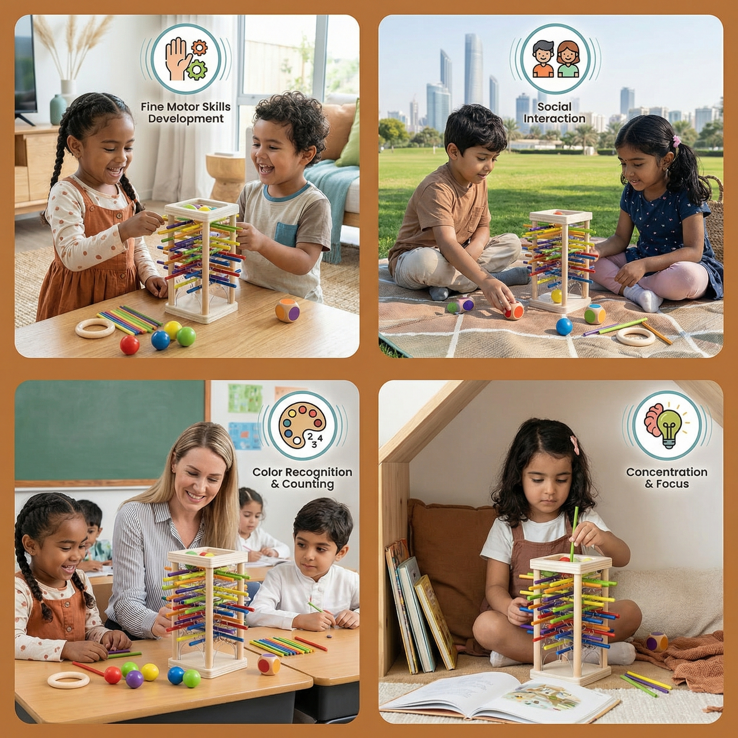 Educational 3-in-1 wooden ball and stick dexterity game