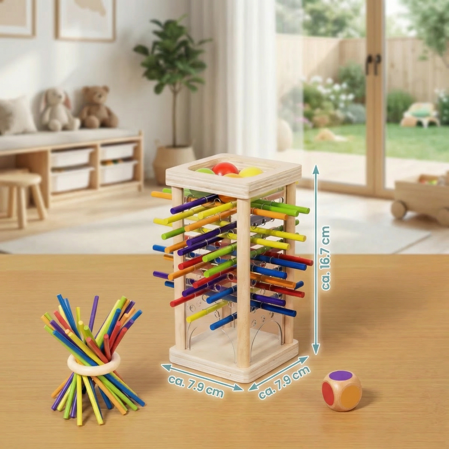 Educational 3-in-1 wooden ball and stick dexterity game