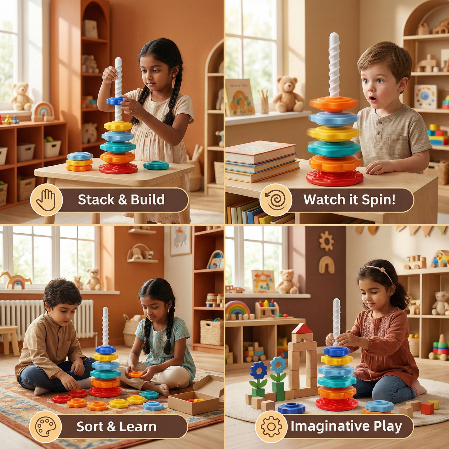 Rainbow Spinning and Color Tower Toy