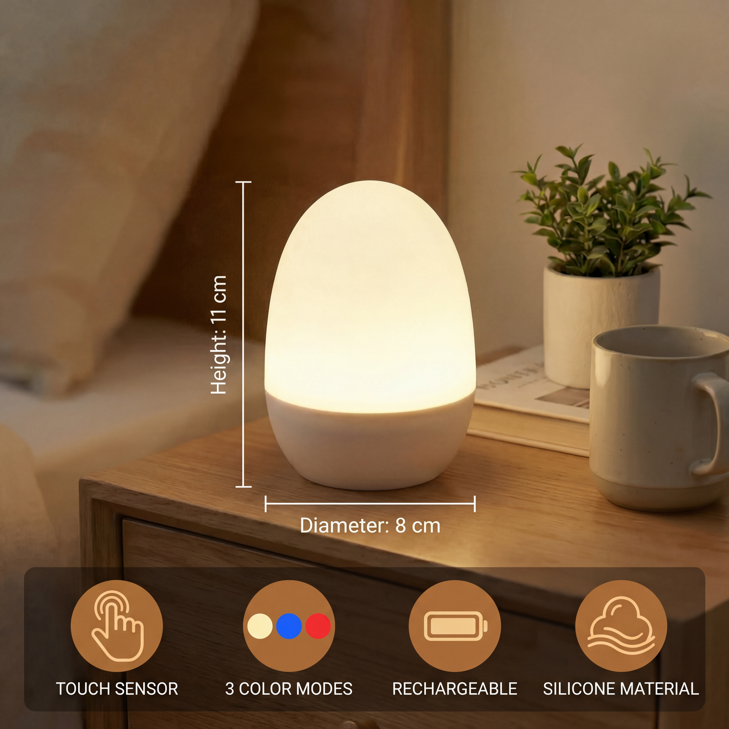 Egg-shaped LED night light made of silicone