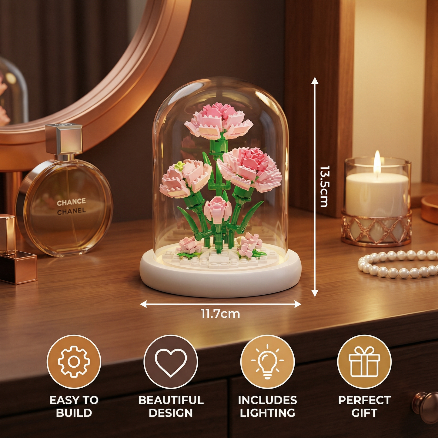 Elegant Building Block Flower in Glass