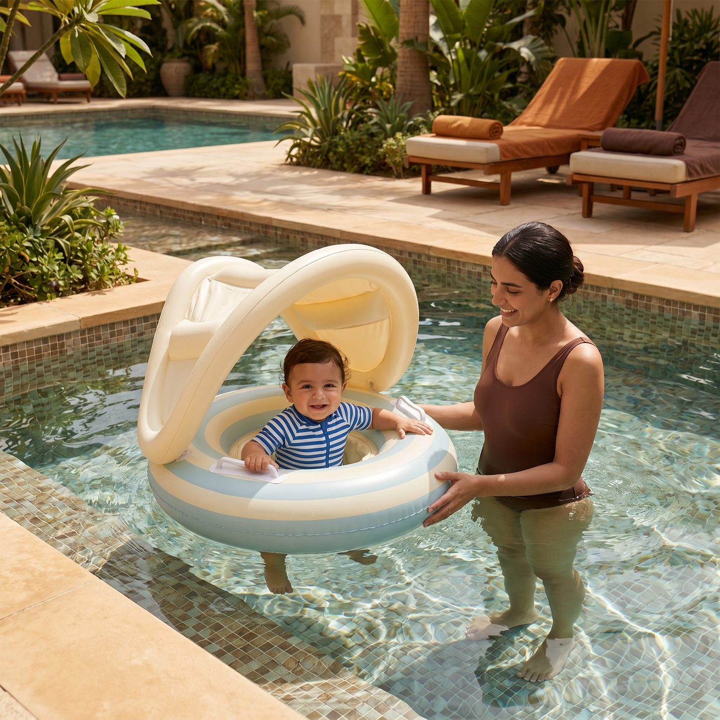 Inflatable Retro Lollipop Baby Swim Ring with Removable Sun Canopy – Secure Seat for 6–36 Months