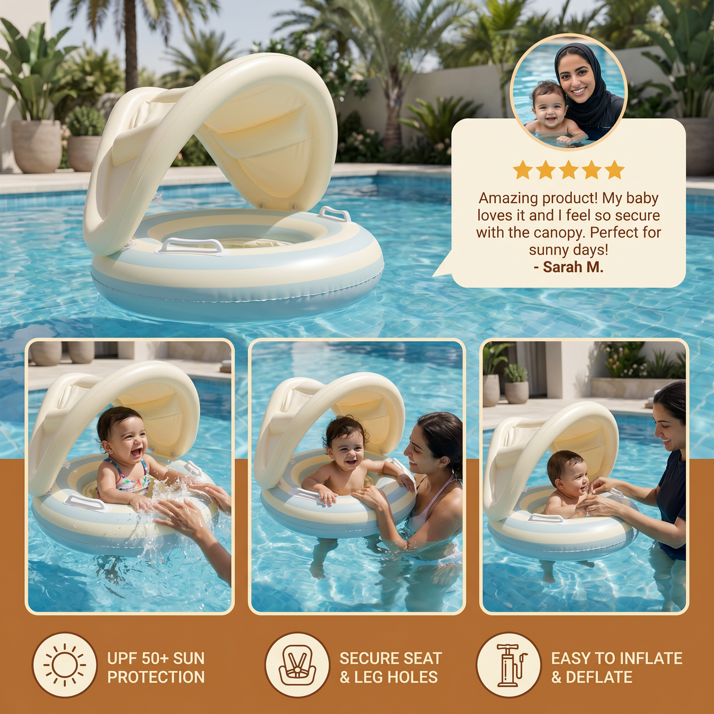 Inflatable Retro Lollipop Baby Swim Ring with Removable Sun Canopy – Secure Seat for 6–36 Months