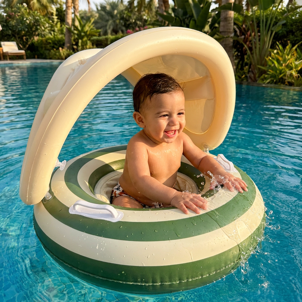 Inflatable Retro Lollipop Baby Swim Ring with Removable Sun Canopy – Secure Seat for 6–36 Months