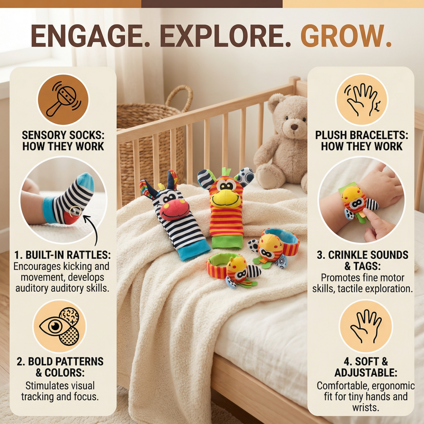 Sensory Baby Plush Socks and Bracelet